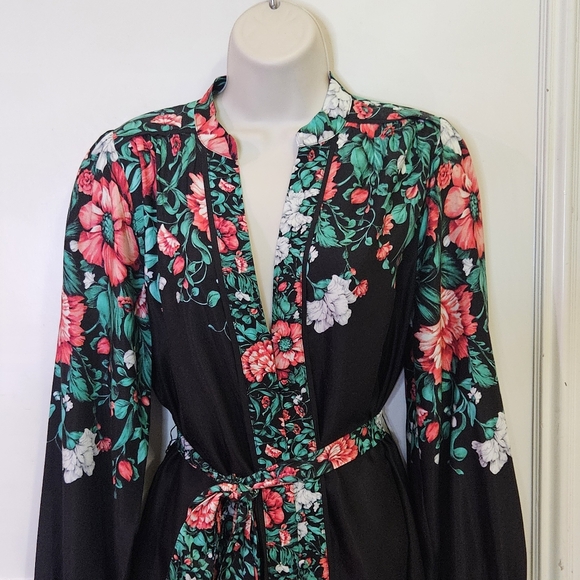 Anthropologie Black Multi-Color Floral Button Front Midi Shirt Dress,Medium - Picture 11 of 16